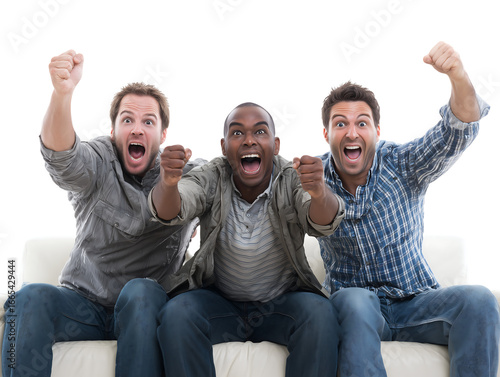 Excited Multiracial Male Friends Celebrating Victory on Sofa