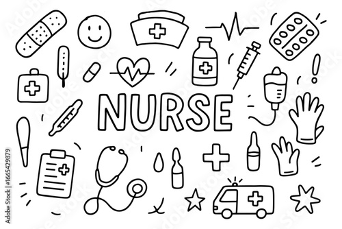 Doodle medical icons featuring nurse and healthcare elements