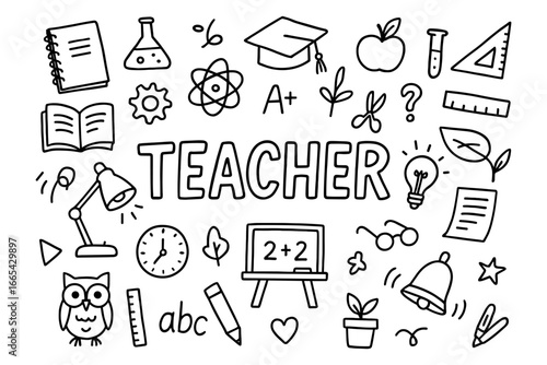 Doodle education icons featuring teacher theme with school supplies