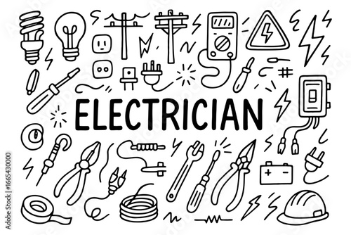 Hand-drawn electrician tools and symbols doodle collection