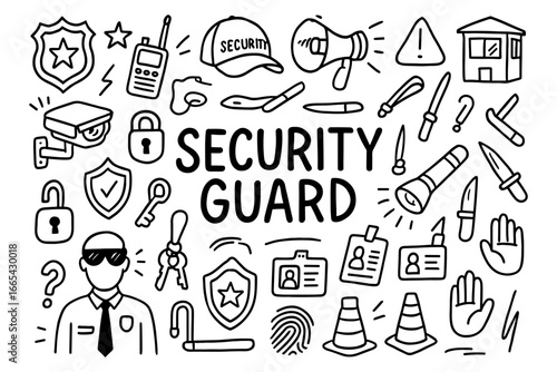Security guard elements in doodle style featuring equipment and symbols