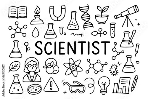 Hand drawn science doodles featuring laboratory equipment and symbols