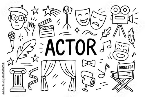 Entertainment icons: sketch style cinema and theater elements collection