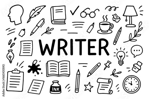 Creative writing essentials doodle set for authors and journalists