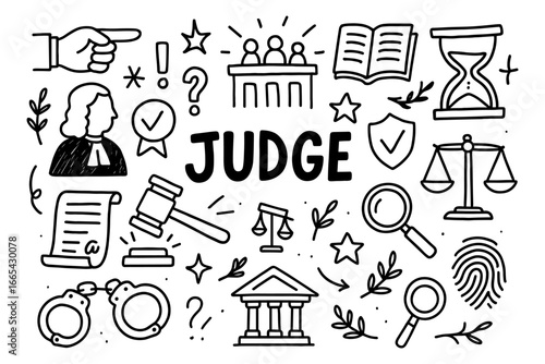 Hand drawn judicial symbols doodle with judge elements and legal icons