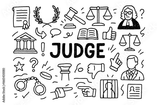 Hand drawn judicial icons: judge, scales, gavel, and legal symbols
