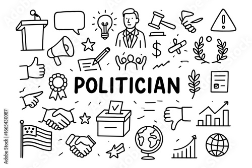 Political elements doodle collection with voting, symbols, and communication icons