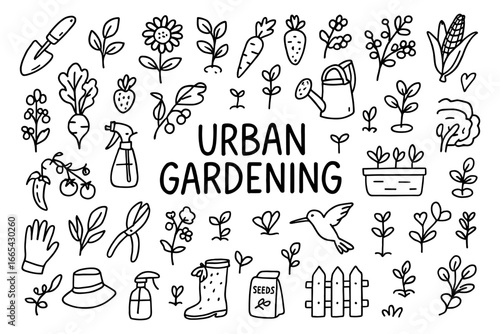 Urban gardening elements in linear style with tools, plants, and nature icons