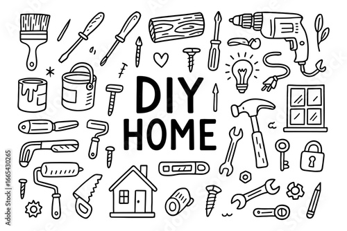 Diy home renovation tools doodle set with hammer, drill, and paintbrush