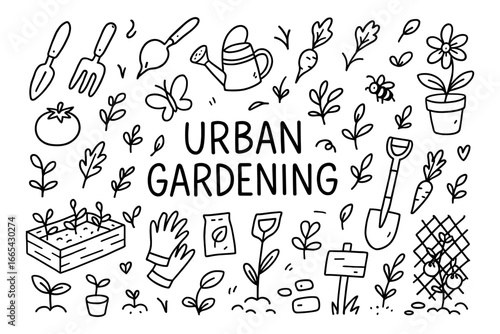 Urban gardening doodles: tools, plants, and nature elements in a hand-drawn style