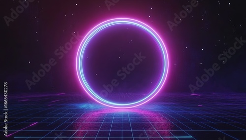 Wallpaper Mural Abstract neon background with a glowing blue and purple circular frame on a dark grid texture, featuring glowing line art. Torontodigital.ca