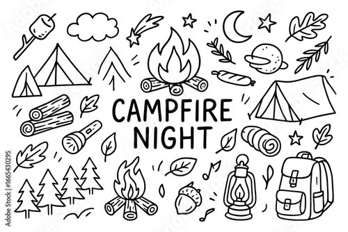 Cozy campfire night doodles with tents, lanterns, and nature elements
