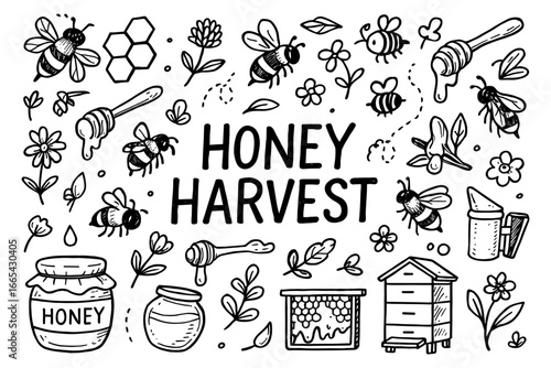 Honey harvest doodle set featuring bees, flowers, and beekeeping tools in black and white