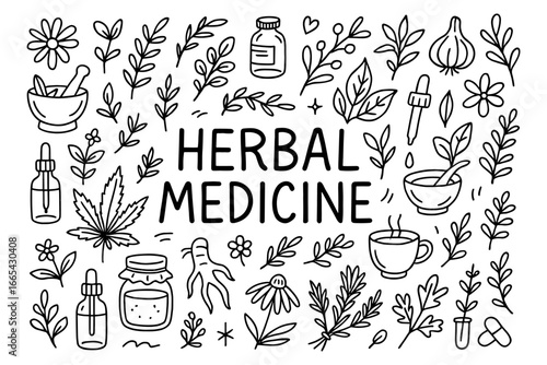 Herbal medicine elements in doodle style for natural healing and wellness themes