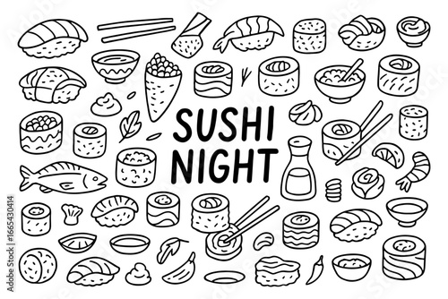 Sushi night doodle: hand-drawn japanese cuisine elements in black and white