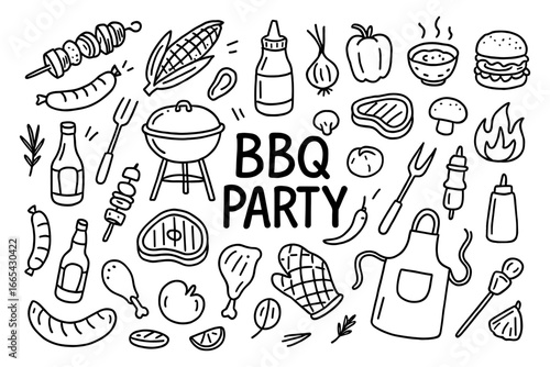 Hand-drawn bbq party elements with grill, food, and drinks