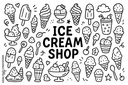 Ice cream shop icons in doodle style featuring cones, sundaes, and popsicles