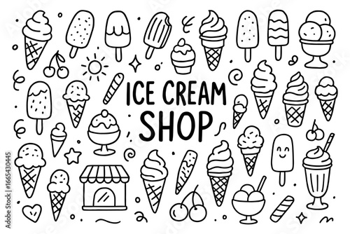 Hand-drawn ice cream desserts in a fun doodle style for summer themes