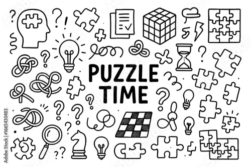 Puzzle time doodle art with brain teasers and logic symbols in black and white