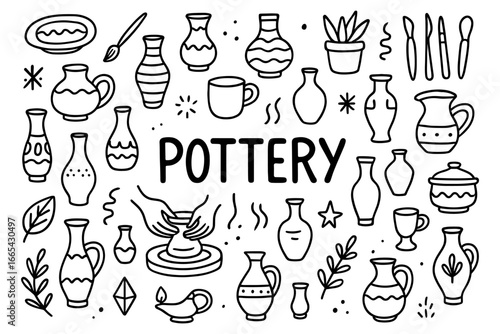 Hand drawn pottery elements with crafting tools and decorative patterns