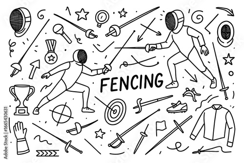 Doodle style fencing sport elements with athletes and equipment in dynamic action