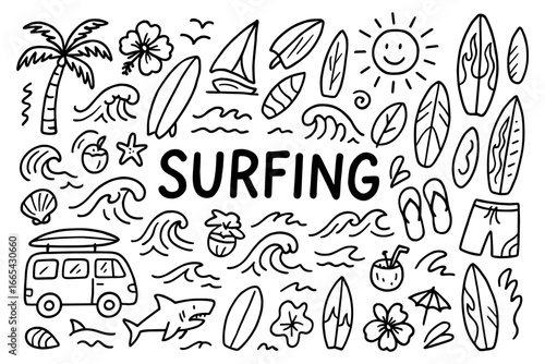 Hand drawn beach surfing doodles with waves, boards, and tropical elements