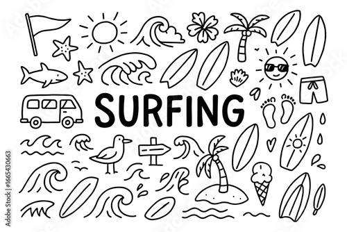 Hand-drawn surfing doodles featuring waves, palm trees, and beach elements