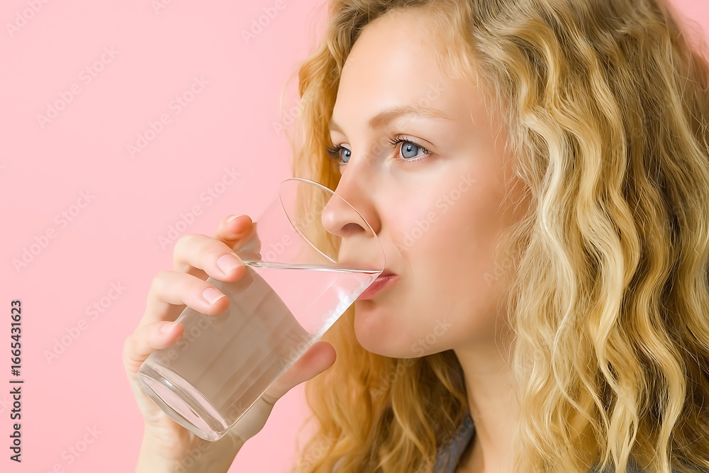: The image shows a young woman with blonde curly hair drinking a glass of water. The background is a soft pink, emphasizing a refreshing and healthy lifestyle. : The image shows a young woman with blonde curly hair drinking a glass of water. The background is a soft pink, emphasizing a refreshing and healthy lifestyle.