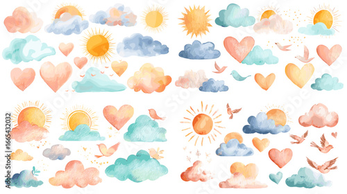 Soft watercolor illustrations of hearts, clouds, sun, and flying birds in pastel tones. Perfect for romantic design, greeting cards, and children’s illustrations.