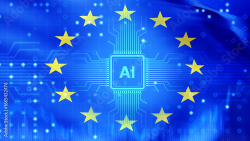 European Union flag with AI microchip symbol, representing artificial intelligence, digital transformation, technology, innovation, future industry. Artificial Intelligence, Technology, Innovation.