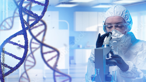 Scientist in protective sui...