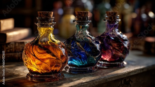 Wallpaper Mural Three colorful glass potion bottles with swirling liquids. Alchemical creation on counter Torontodigital.ca