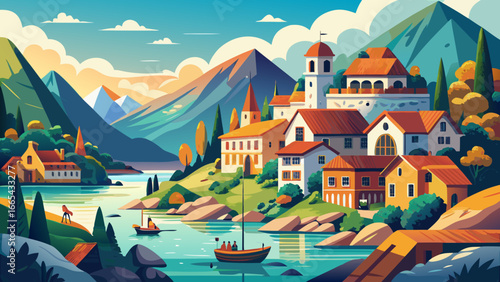 Vector flat landscape illustration of beautiful nature view: sky, mountains, water, cozy European town houses on sea coast. For travel banner, card, vacation touristic advertising, brochure, flayer