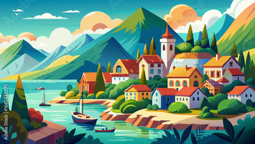 Vector flat landscape illustration of beautiful nature view: sky, mountains, water, cozy European town houses on sea coast. For travel banner, card, vacation touristic advertising, brochure, flayer