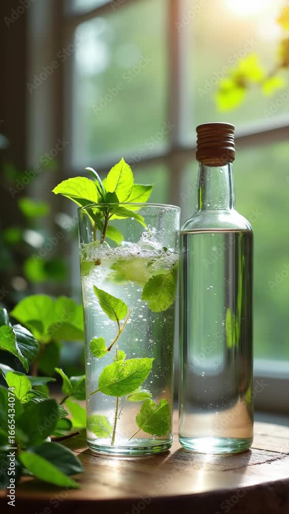 Fresh mint water with ice in glass and bottle on wooden table by window light Fresh mint water with ice in glass and bottle on wooden table by window light
