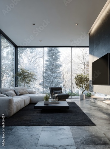 Modern living room with winter view