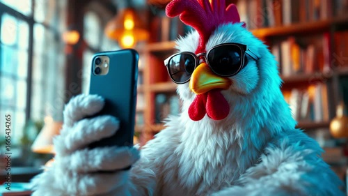 Funny chicken taking selfie with smartphone in library wearing sunglasses