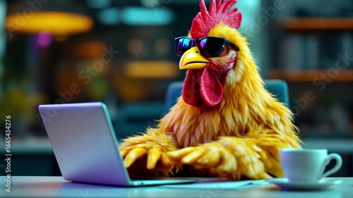 Funny chicken working on laptop with coffee mug in modern office setting