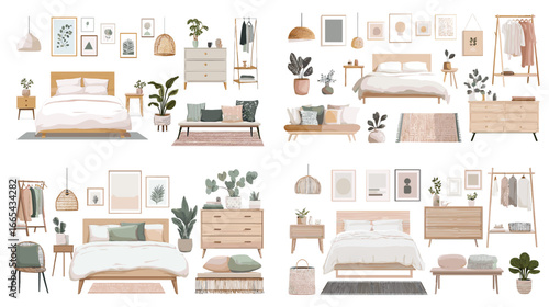 Modern flat illustration set of bedroom interiors with beds, dressers, plants, and wall decor. Perfect for home design, furniture, and lifestyle visuals.