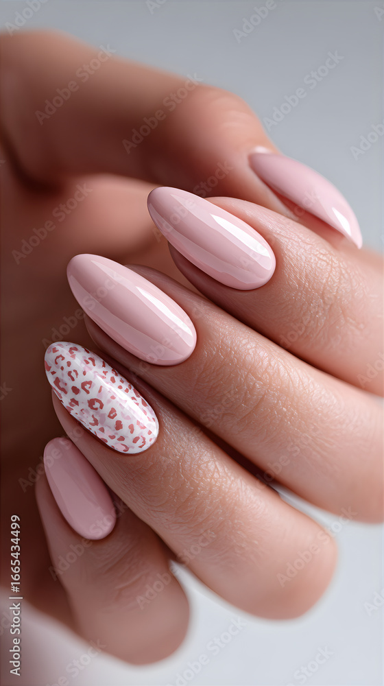Woman hand with pink manicure and leopard print nail design. Nail art concept for beauty salon advertisement or fashion. Woman hand with pink manicure and leopard print nail design. Nail art concept for beauty salon advertisement or fashion.
