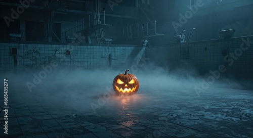 A glowing carved pumpkin sits eerily in the misty, abandoned deep end of a derelict indoor swimming pool with diving boards under dim, moody lighting.