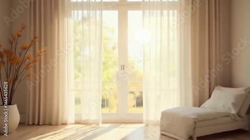 Peaceful sunlight streams through sheer curtains into a tranquil, minimalist bedroom with chaise lounge and elegant floral arrangement