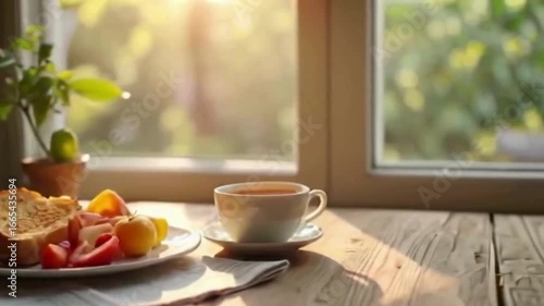 Wallpaper Mural Inviting morning scene with toast, fruit, and tea beside a sunny window, perfect for a cozy lifestyle or breakfast promotion Torontodigital.ca