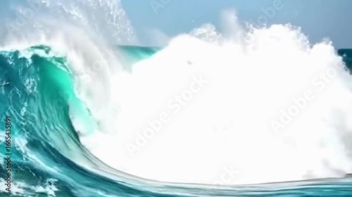 Dynamic ocean wave crashing with powerful energy in a stunning aquatic display, perfect for nature documentaries and extreme sports videos