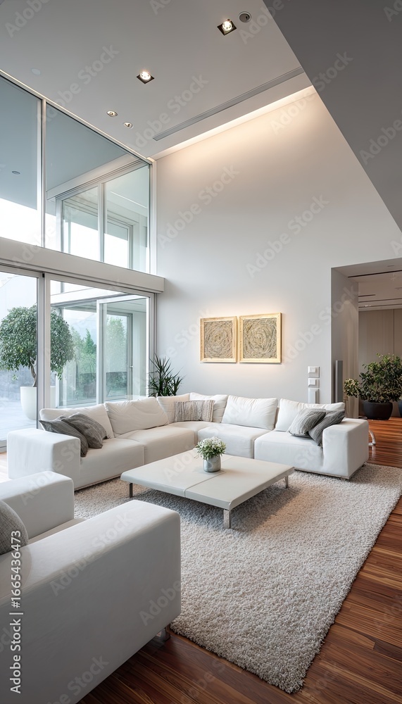 Fototapeta premium Modern, bright living room with white furnishings and large windows