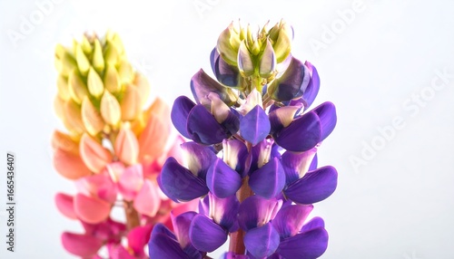 Close-up view of vibrant lupine blossoms in shades of pink, orange, and purple, featuring a gradient effect against a neutral backdrop.