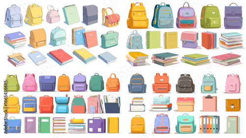 Colorful flat illustration set of backpacks, school bags, and books. Perfect for education, student life, and back-to-school design themes.