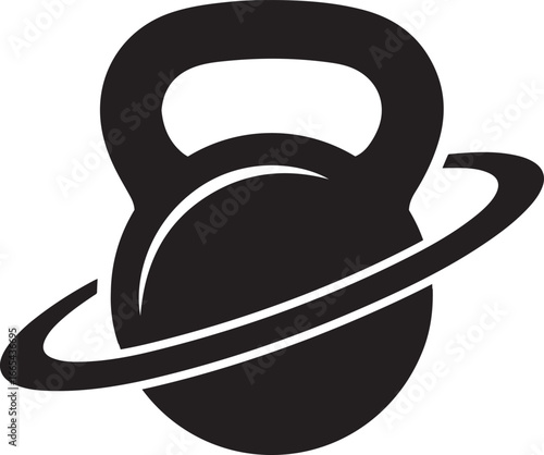 Black kettlebell with a curved line graphic element on white background weight fitness
