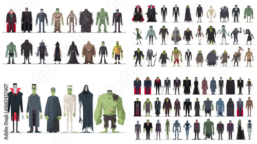 Cartoon illustration set of Halloween monsters and creepy characters. Includes Dracula, Frankenstein, mummies, and ghouls, ideal for spooky designs and holiday projects.