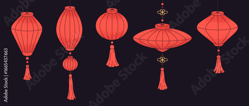 Oriental red paper lanterns. Traditional New Year hanging lamps decor, festive holidays street decorations flat vector illustration. Asian paper lanterns background
